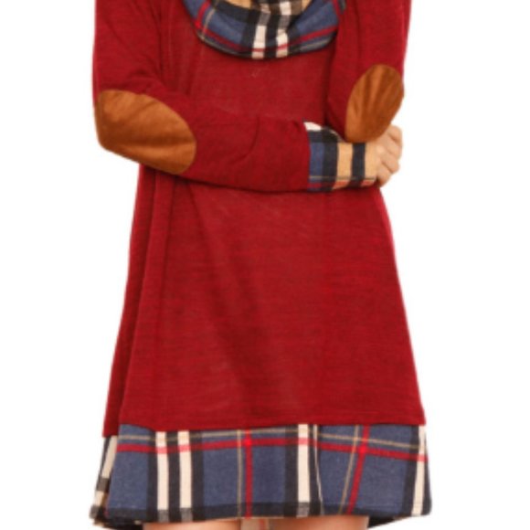 💖Red Plaid Elbow Patch Cowl Neck Dress - Picture 4 of 6